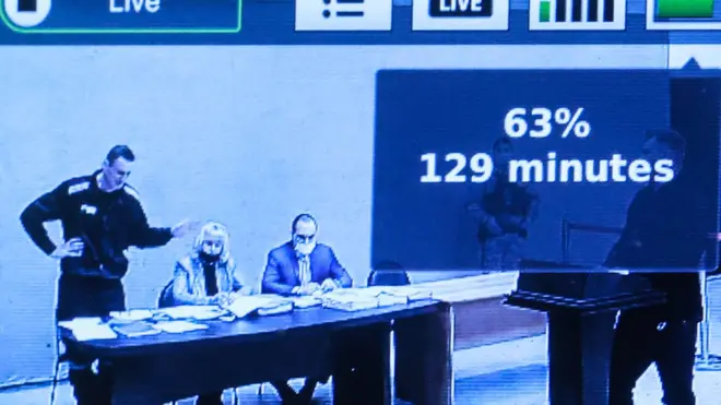 Навальный на заседании суда в колонии в тюремной робе. 21 февраля 2022 года