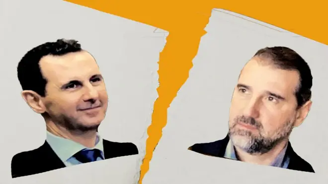 صورة لبشار الأسد وأخرى لرامي مخلوف على ورقة ممزقة