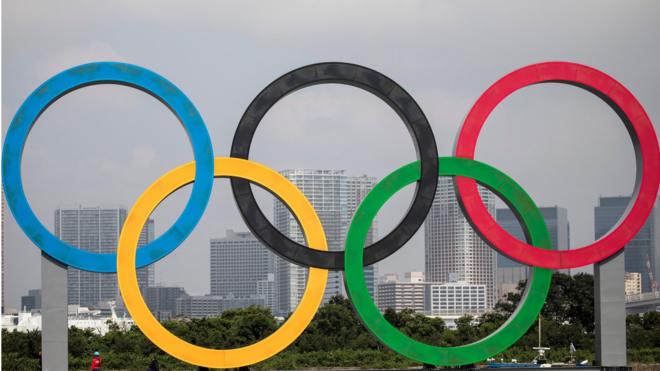Olympic rings in front of the Tokyo skyline
