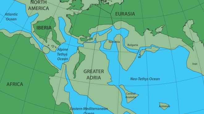 Mapa que muestra la colisión de Gran Adria con Europa