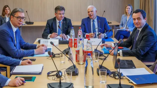 Pregovaračka četvorka: Aleksandar Vučić, Miroslav Lajčak, Žozep Borelj i Aljbin Kurti