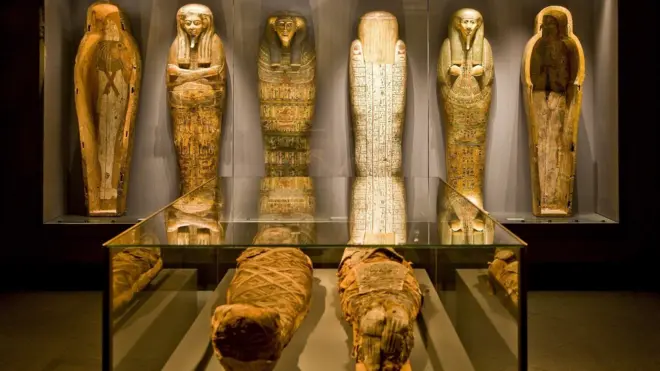 Exhibition of mummies at Ny Carlsberg Glptotek, art museum, Copenhagen, Denmark.