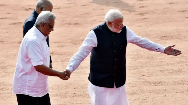 Prime Minster Narendra Modi greets Sri Lankan President Gotabaya Rajapaksa during the latters ceremonial reception in the presence of President Ramnath Kovind, at Rashtrapati Bhawan forecourt on November 29, 2019 in New Delhi, India.