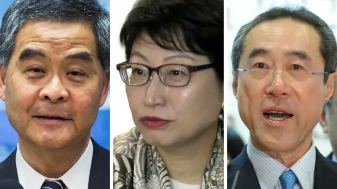 從左至右：梁振英、鄭若驊、唐英年