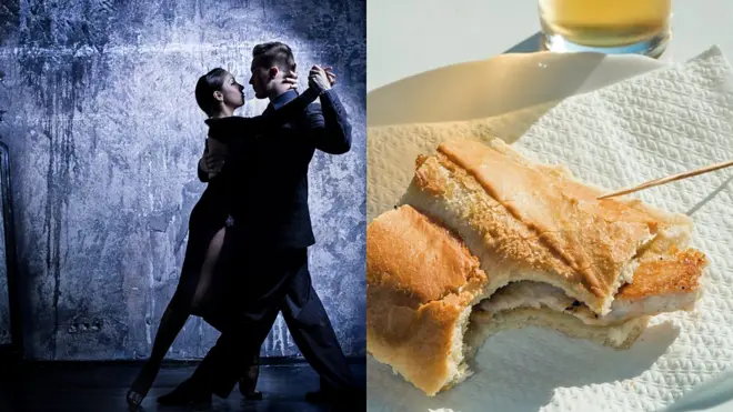 Composición de una pareja bailando tango y un bocadillo de pollo