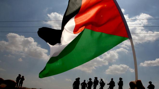 A Palestinian flag during a protest in the village of Tamun, near Nablus, in the Israeli occupied West Bank, on September 27, 2017