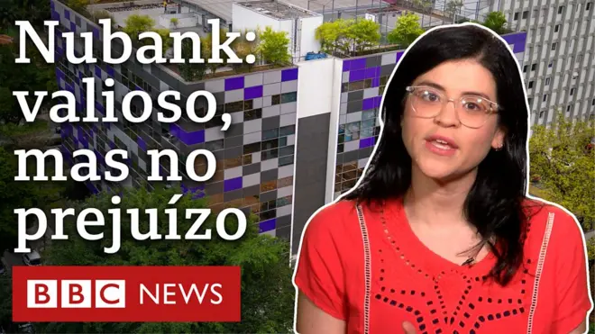 Montagem com prédio com fachada com quadrados roxos ao fundowww h2betretratowww h2betrepórter e a frase "Nubank: valioso, mas no prejuízo"