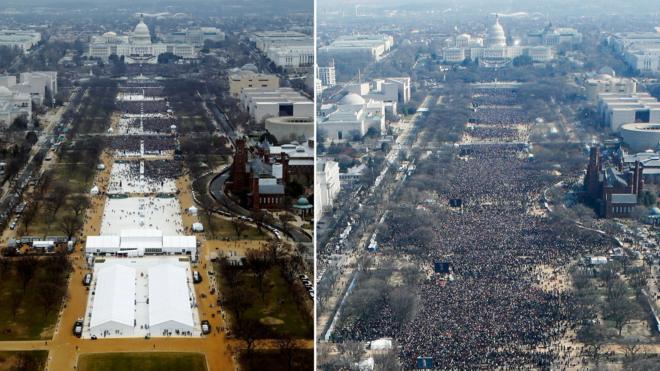 Aerial shots of Trump and Obama events