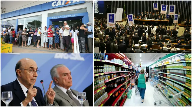 Caixa Econômica, plenário da Câmara, Meirelles e Temer e supermercado