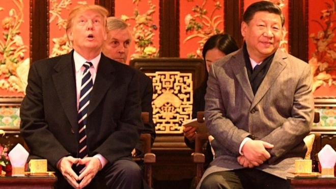 US President Donald Trump (L) looks up as he sits beside China"s President Xi Jinping at the Forbidden City in Beijing