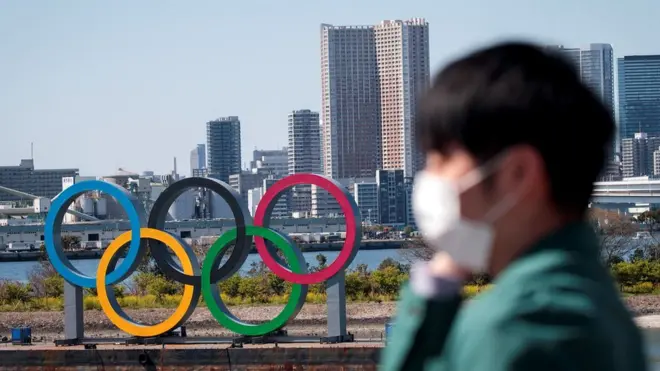 Tokyo Olympic rings in the background with a person wearing a face covering in the foreground
