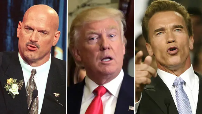 جيسي فينتورا (على اليسار) ودونالد ترامب (في الوسط) وأرنولد شوارزينغر (على اليمين).