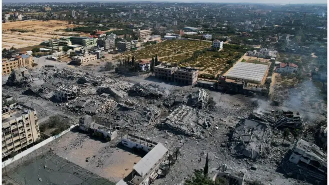 An aerial view of the destruction in al-Zahra on 20 October