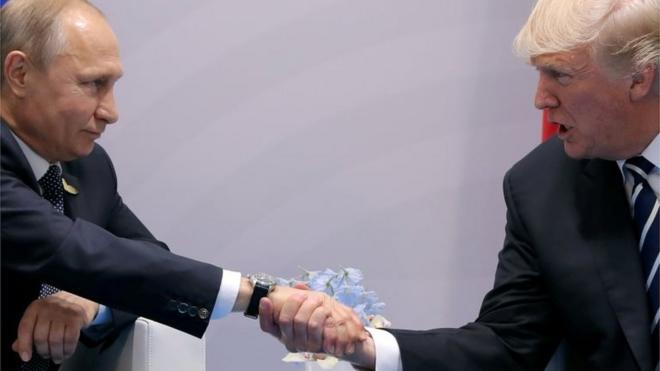 President Putin and President Trump, shaking hands at the G20 summit in Hamburg, Germany in 2017