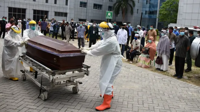 Sejumlah tenaga kesehatan mendorong peti mati berisi jenazah dokter Oki Alfin yang meninggal akibat Covid-19, di RSUD Arifin Achmad, Kota Pekanbaru, Riau, 12 September 2020. Almarhum dokter Oki terpapar virus corona dari pasien yang dirawatnya di Puskesmas Gunung Sahilan 1 Kabupaten Kampar, dan kemudian turut menularkan virus ke isterinya.