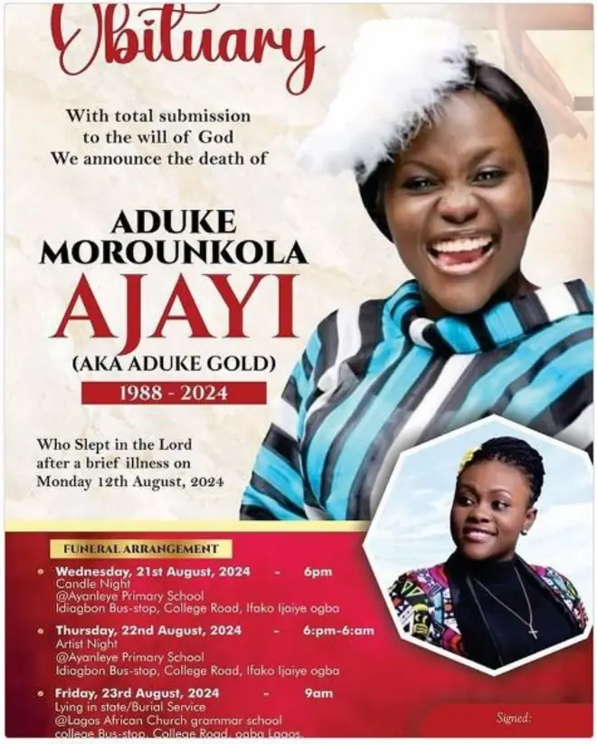 Aworan atẹjade to n kede isinku Oloogbe Aduke Gold