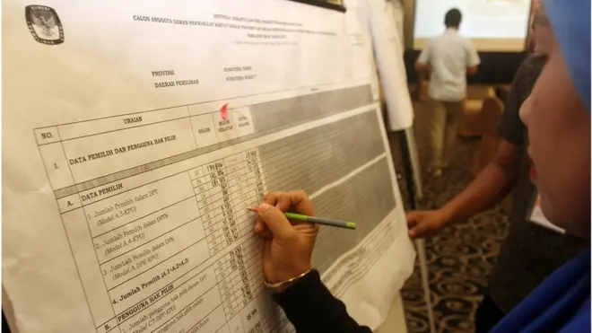 Petugas mencatat perolehan suara saat rapat pleno terbuka rekapitulasi penghitungan hasil perolehan suara pemilu tahun 2019 tingkat provinsi Sumatera Barat, Padang, Minggu (12/5).