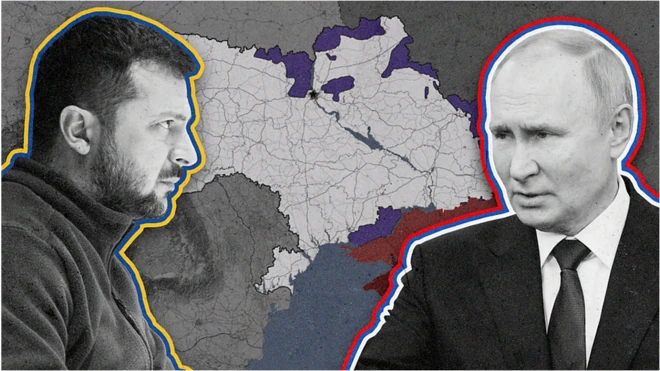 กราฟิกภาพเซเลนสกีกับปูตินบนแผนที่ยูเครน