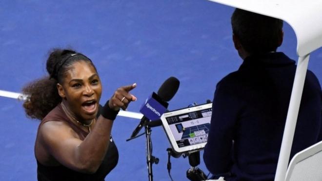 Serena Williams argues with chair umpire Carlos Ramos at the US open