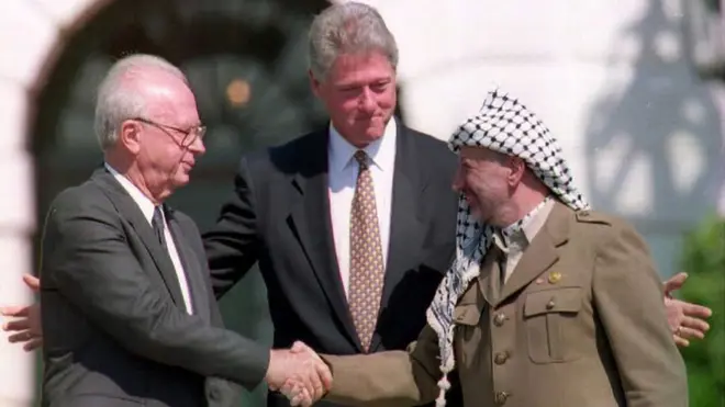 O então presidente dos EUA Bill Clinton entre durante o primeiro apertofax betmãos entre as duas autoridades após o a assinaturafax betum acordo histórico que deu autonomia palestina nos territórios ocupados. Rabin foi assassinadofax bet04fax betnovembro daquele anofax betTel Aviv.