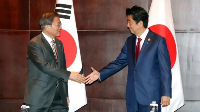 South Korean President Moon Jae-in shakes hands with Japanese Prime Minister Shinzo Abe in Chengdu, China, 24 December 2019