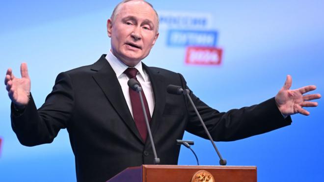 Russian President and presidential candidate Vladimir Putin meets with the media at his campaign headquarters in Moscow, Russia, 18 March 2024.