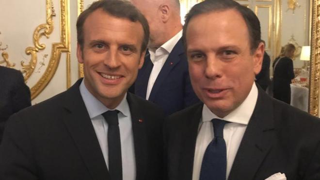 Presidente da França, Emanuel Macron (à esq.) e João Doria no Palácio do Eliseu