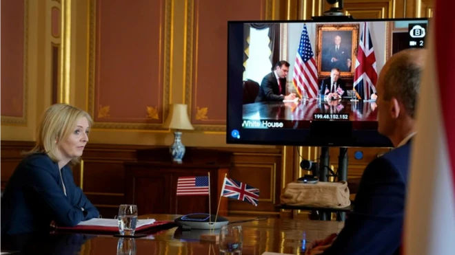 英国负责国际贸易的国务大臣特拉斯（Liz Truss，左）和美国首席贸易代表莱特希泽5月5日举行视频会议，启动英国脱欧后首轮英美贸易谈判