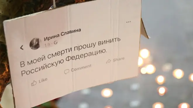 Плакат с последней записью из социальной сети Facebook главного редактора издания "Коза Пресс" Ирины Славиной