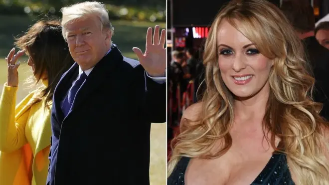 Collage photograph of Mr Trump and his wife, Melania and adult film star Stormy Daniels