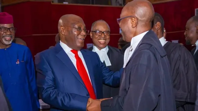 PDP presidential flagbearer Atiku Abubakar for di venue of di 2023 Presidential Election Tribunal to observe di proceedings on 11 May hearing