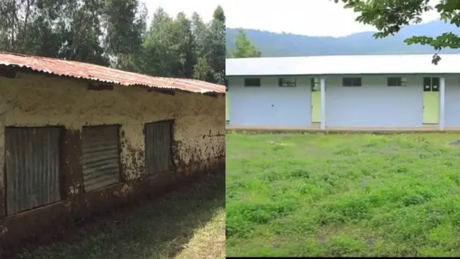 በስተቀኝ የቀድሞ ትምህርት ቤት ገጽታ በስተግራ የታደሰው ትምህርት ቤት