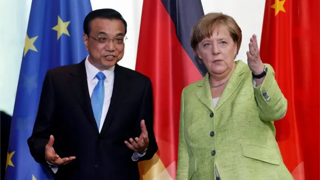 德國總理默克爾和到訪的中國總理李克強會晤後舉行發佈會。