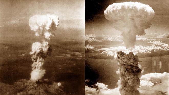 原子弹爆炸后升起的蘑菇云，左图为广岛，右图为长崎。