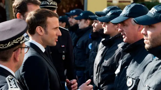 President Macron with police, 18 Feb 20