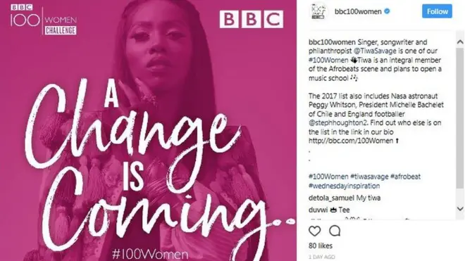 Tiwa dey among 7 oda African women wey make di BBC 100 WOMEN LIST