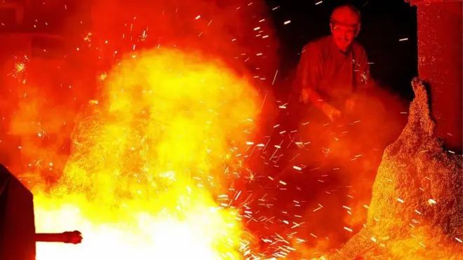 A steel worker works in front of giant iron melting pot in Kardemir Iron and Steel Factory in Karabuk, north-western Turkey (26 August 2005)