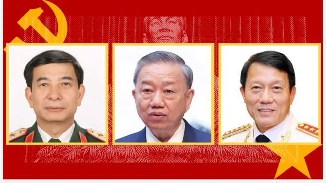 Ảnh minh họa, từ trái qua: Bộ trưởng Quốc phòng Phan Văn Giang, Tổng Bí thư Tô Lâm, Bộ trưởng Công an Lương Tam Quang 