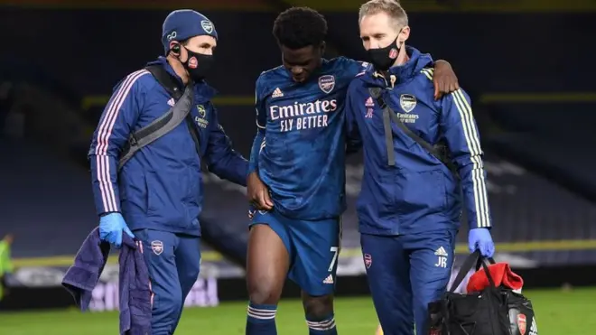 Arsenal's Bukayo Saka was injured against Leeds United