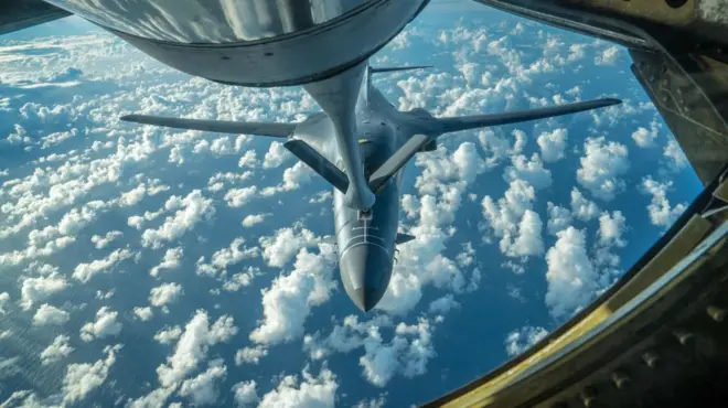 A US Air Force B-1B Lancer is refuelled during a 10-hour mission from Andersen Air Force Base, Guam, into Japanese airspace and over the Korean Peninsula, 30 July 2017