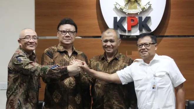 Dari kiri ke kanan: Kepala BKN Bima Haria Wibisana, Mendagri Tjahjo Kumolo, Ketua KPK Agus Rahardjo, dan Sekretaris Kementerian PANRB Dwi Wahyu Atmaji sepakat PNS terlibat korupsi harus segera dipecat.