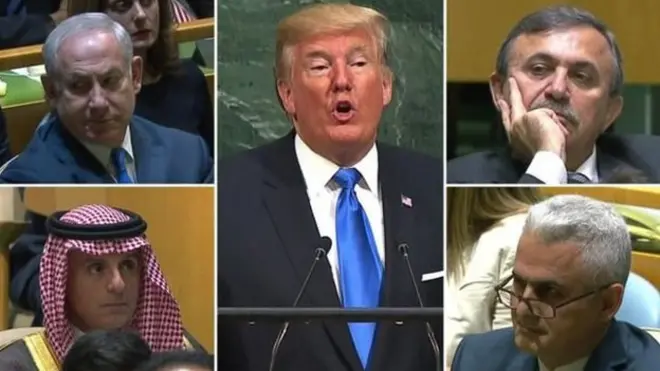 Clockwise from top left: Representatives from Israel, Syria, Iran, and Saudi Arabia listen to Mr Trump's speech