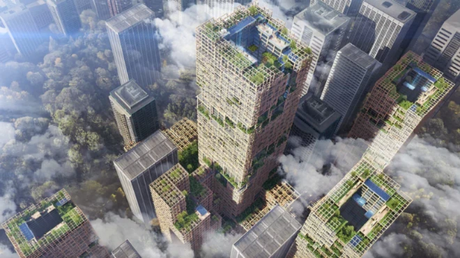 อาคาร W350 สร้างด้วยไม้เป็นหลัก โดยใช้เหล็กในการก่อสร้างเพียง 10% เท่านั้น