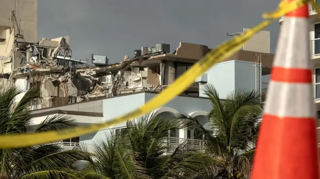 A view of the partially collapsed Champlain Towers South condominium building in Surfside, Florida, USA, 28 June 2021.