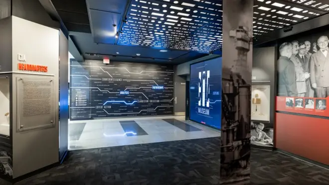 The entrance to the CIA Museum introduces visitors to the overarching themes they can find throughout the exhibits: counterintelligence, partnerships, analysis, clandestine collection, and covert action.