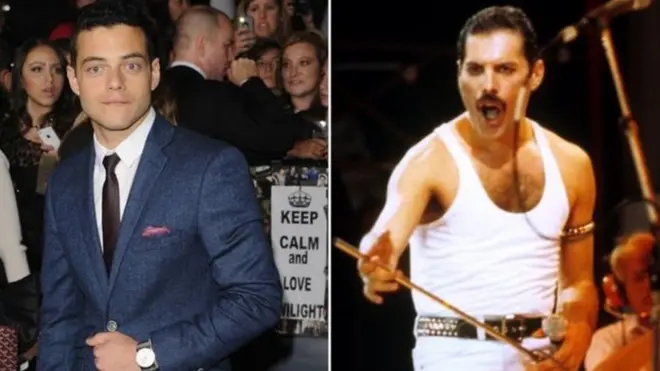 رامي مالك إلى اليسار وفريدي ميركوري يمينا