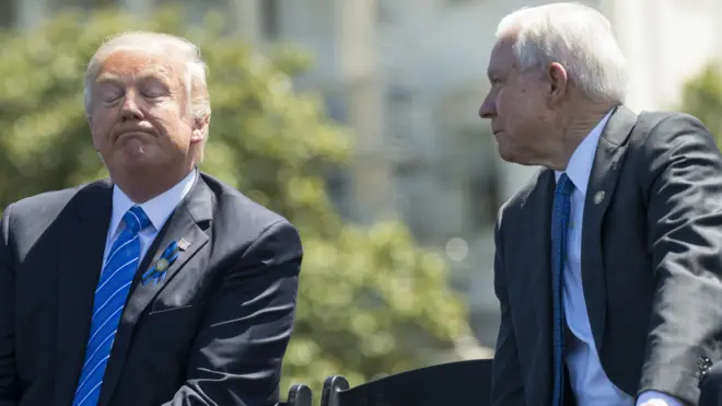 President Donald Trump with Attorney General Jeff Sessions (R) in Washington on 15 May 2017
