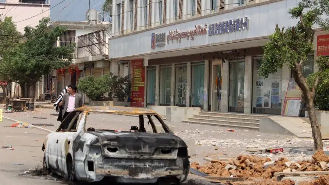 3月10日，在果敢老街地區仍然看到衝突的痕跡。