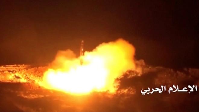 A still taken from a video distributed by Yemen's pro-Houthi Al-Masirah television on 5 November 2017 shows what it says was the launch by Houthi forces of a ballistic missile aimed at Riyadh's King Khaled International Airport