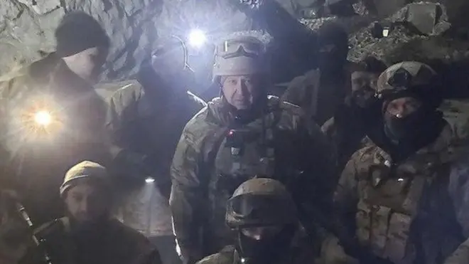 Prigozhin (C) claimed last month to have captured the Ukrainian town of Soledar before Russia's military announced it